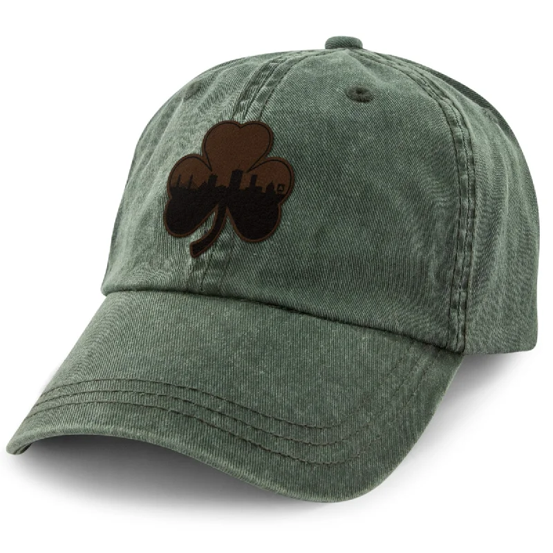 Boston Shamrock Skyline Leather Patch Washed Dad Hat