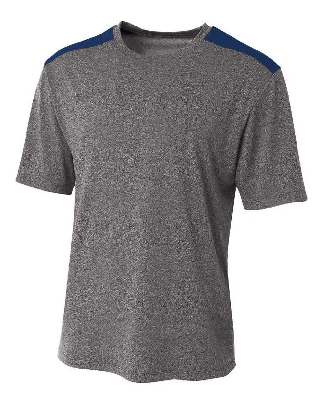 A4 N3100 Tourney Heather Short Sleeve Color Block Crew - Heather Navy