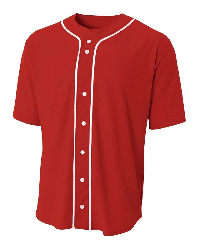 A4 N4184 Short Sleeve Full Button Baseball Top - Scarlet White