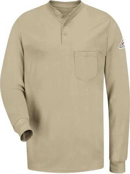 Bulwark SEL2L Long Sleeve Tagless Henley Shirt - Long Sizes - Khaki