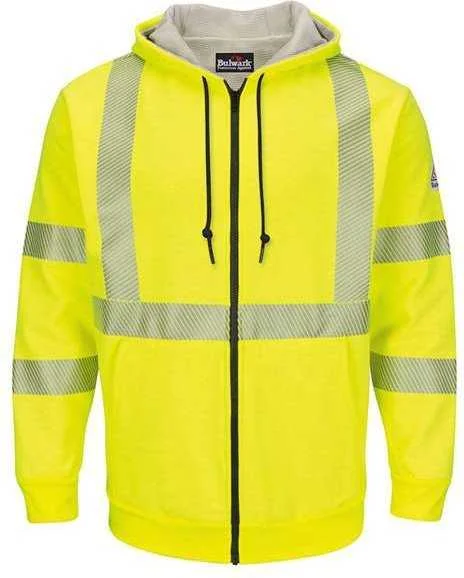 Bulwark SMZ4HVL Hi-Visibility Zip-Front Hooded Fleece Sweatshirt with Waffle Lining - Long Sizes - Yellow Green