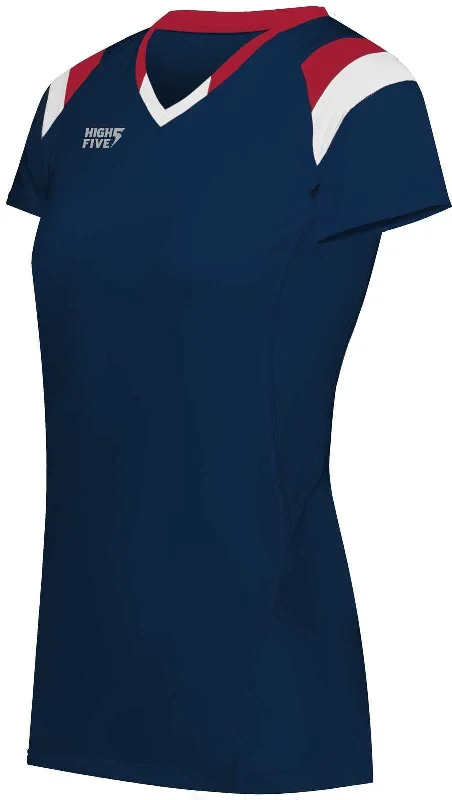 High Five 342252 Ladies TruHit Tri Short Sleeve Jersey - Navy Scarlet White