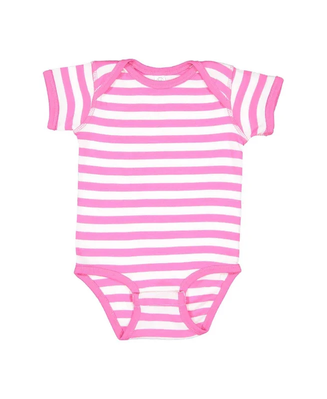 Rabbit Skins 4400 Infant Short Sleeve Baby Rib Bodysuit - Raspberry/White Stripe