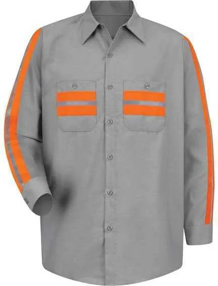 Red Kap SP14E Industrial Enhanced-Visibility Long Sleeve Work Shirt - Light Gray Orange Trim