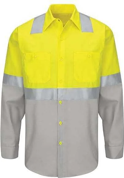 Red Kap SY14 Enhanced & Hi-Visibility Long Sleeve Work Shirt - Fluorescent Yellow Green Gray