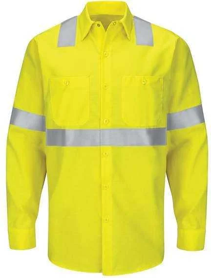 Red Kap SY14L Enhanced & Hi-Visibility Long Sleeve Work Shirt - Long Sizes - HV-Fluorescent Yellow Green