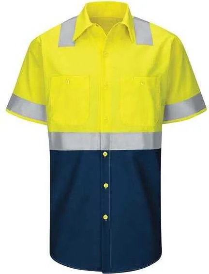 Red Kap SY24 Enhanced & Hi-Visibility Work Shirt - Fluorescent Yellow Green Navy