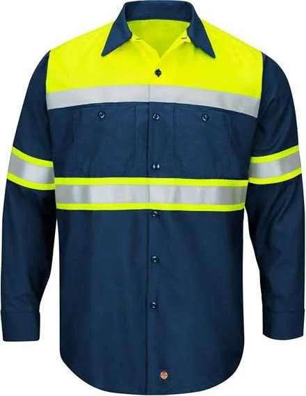 Red Kap SY70 Hi-Visibility Colorblock Ripstop Long Sleeve Work Shirt - Fluorescent Yellow Navy