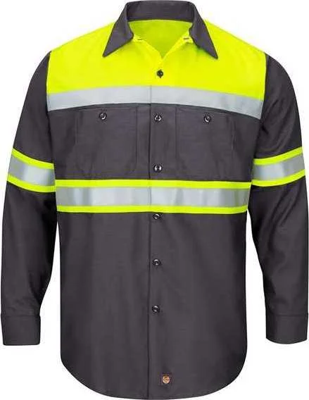 Red Kap SY70L Hi-Visibility Colorblock Ripstop Long Sleeve Work Shirt - TALL - Fluorescent Yellow Charcoal